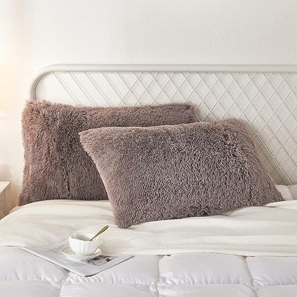 Uhamho Set of 2 Faux Fur Throw Pillow Covers Soft Velvet Decorative Pillowcases Zipper Closure (Purplish Taupe, 20"x36")