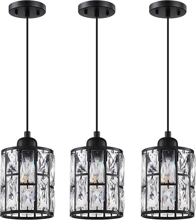 3 Pack 1 Light 5.3" Crystal Hanging Kitchen Island Pendant Light Black Finish,Concise Pendant Fixture Crystal Plate Metal Shade for Bar,Dining Room,Living Room Over Sink