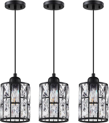 3 Pack 1 Light 5.3" Crystal Hanging Kitchen Island Pendant Light Black Finish,Concise Pendant Fixture Crystal Plate Metal Shade for Bar,Dining Room,Living Room Over Sink