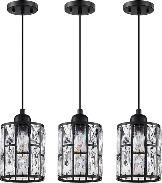 3 Pack 1 Light 5.3" Crystal Hanging Kitchen Island Pendant Light Black Finish,Concise Pendant Fixture Crystal Plate Metal Shade for Bar,Dining Room,Living Room Over Sink
