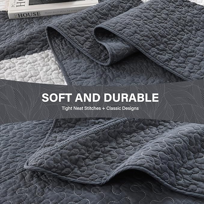 SahSahCasa 120"x102" 100% Cotton Oversized Queen Bedspread Coverlet Striped Quilt Set, Quilted Bedspread Extra Large Quilt, XL Bed Spread Lightweight Comforter, 3pc, Brown/Dark Slate Gray