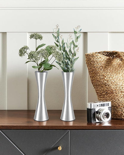 Vixdonos 6.7 inch Brass-Toned Metal Vase Small Flower Vase Set of 2 Modern Decorative Vase for Home Decor, Wedding or Gift(Silver)