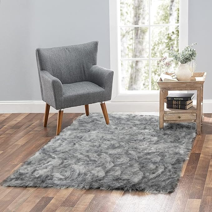 Silky Soft Faux Fur Rug, Sheepskin Area Rug, Shaggy Rug for Living Room, Bedroom, Kid's Room, or Nursery, Home Décor Accent, Machine Washable with Non-Slip Backing (Gray, Rectangle (5'x8'))