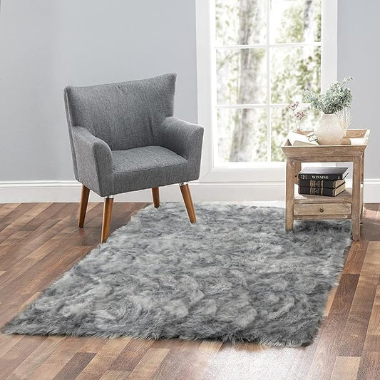 Silky Soft Faux Fur Rug, Sheepskin Area Rug, Shaggy Rug for Living Room, Bedroom, Kid's Room, or Nursery, Home Décor Accent, Machine Washable with Non-Slip Backing (Gray, Rectangle (5'x8'))