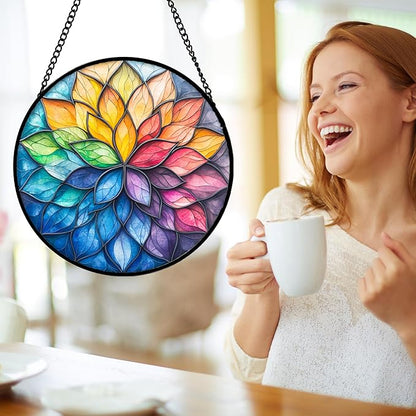 DASTOLL Stained Glass Window Hanging, Colorful Flower Petals Sun Catchers Diamond Glass Panel Hangings Suncatcher Decor for Birthday for Women, Men, Wife, Aunt, and Mom 14.9x14.9 in