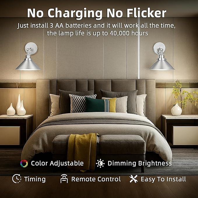 Battery Operated Wall Sconce Set of 2,Vintage Wireless Wall Sconces with Remote,Dimmable Led Wall Lights,Wall Lamp Fixture Indoor Bedroom Living Room Kitchen,LED Bulbs Included,Silver