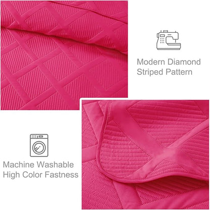 Exclusivo Mezcla Quilts Queen Size - Hot Pink Quilt Set Bedspread with 2 Pillow Shams, Modern Bedding Set with Striped Pattern, Soft Lightweight Bedspreads Queen Size for All Seasons