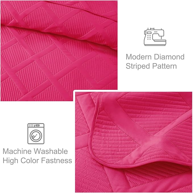 Exclusivo Mezcla King Quilt Set- Hot Pink Quilts Bedding Set with 2 Pillow Shams, Modern King Bedspread with Striped Pattern, Soft Lightweight Bedspreads Coverlets for All Seasons