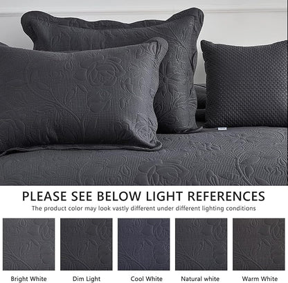 CHIXIN Oversized Bedspread Coverlet Set King Size - Lightweight Bedding Cover - Ultrasonic Quilting - 5 Piece Reversible Bedspread - Vintage Rose Pattern (King, Dark Grey)