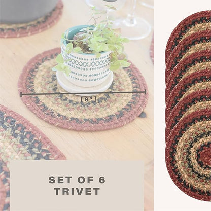 Homespice Highland Jute Braided Kitchen Trivets for Hot Dishes, Warm Country Decor, Set of 6, Multicolor 8" Round Heat Resistant Mat - Rich Colors, Easy to Clean, Durable and Protects Furniture
