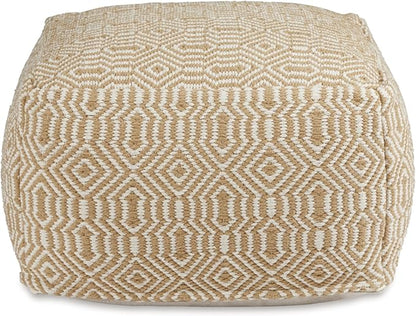 Signature Design by Ashley Adamont Casual Handwoven Geometric Pouf, Beige & White
