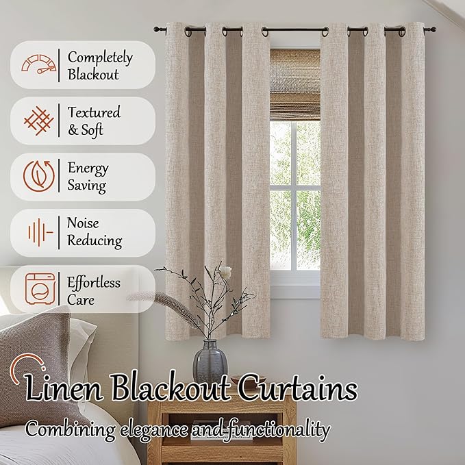 Lajode Linen Blackout Curtains for Bedroom Narrow Window, Thermal Insulated Complete Light Blocking Privacy Soundproof Small Curtains for Basement, Each 38 Inch Wide 63 Inch Length 2 Panels, Beige