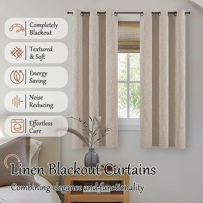 Lajode Linen Blackout Curtains for Bedroom Narrow Window, Thermal Insulated Complete Light Blocking Privacy Soundproof Small Curtains for Basement, Each 38 Inch Wide 63 Inch Length 2 Panels, Beige