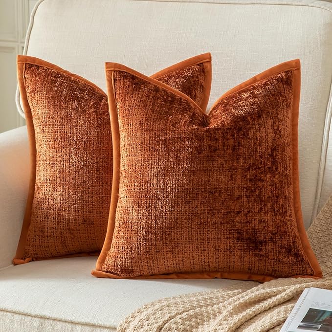 Yaertun Pack of 2 Chenille Textured Decorative Throw Pillow Covers Accent Solid Cushion Cover Soft Cozy Pillow Case with Velvet Back for Couch Sofa Bed Living Room 20x20 Inch Burnt Brick