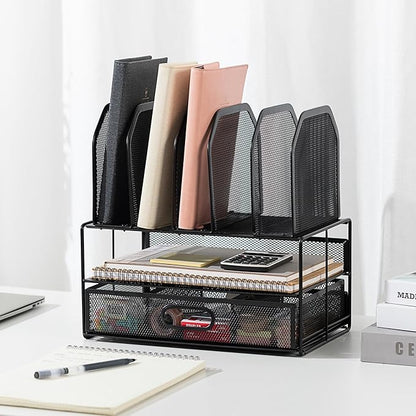 Amazon Basics Mesh Desk Organizer with Sliding Drawer, Double Tray and 5 Upright Sections, Black