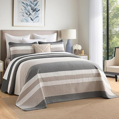 Finlonte 100% Cotton Oversized King Quilt 128"x120", Extra Large Cal King Bedspread, Modern Striped Bed Spreads Coverlet, Lightweight Reversible Yarn Dyed Quilted Bedding, 3 Piece, Gray/White