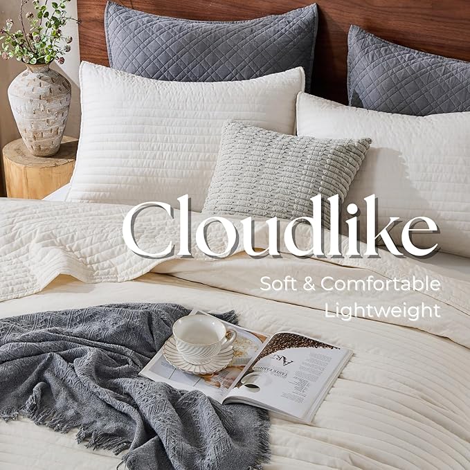 DOWN HOME King Quilt Bedding Set with Shams, Vintage Washed Soft Quilted Blanket Thin Comforter Lightweight Bedspread Coverlet Bed Cover, Brushed Microfiber Stripe Stitching, Linen White, 104"x90"