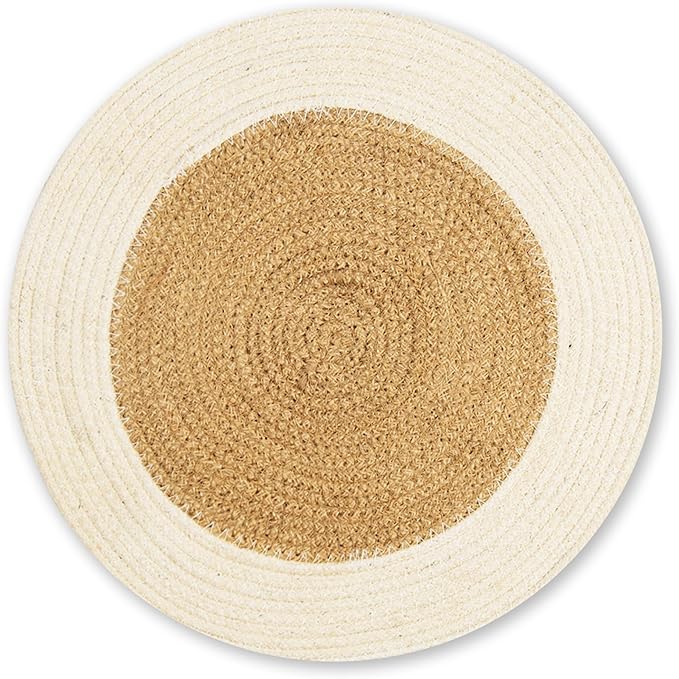 Eco Crave Jute Round Placemats Set of 12 – Hand Woven Natural Beige Jute with White Rim, 13 Inch Farmhouse Rustic Dining Drawstring Table Mats, Wicker Heat Resistant Durable Eco-Friendly Table Decor