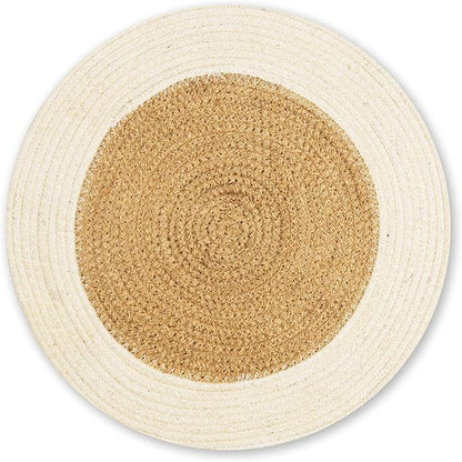 Eco Crave Jute Round Placemats Set of 4 – Hand Woven Natural Beige Jute with White Rim, 13 Inch Farmhouse Rustic Dining Drawstring Table Mats, Wicker Heat Resistant Durable Eco-Friendly Table Decor