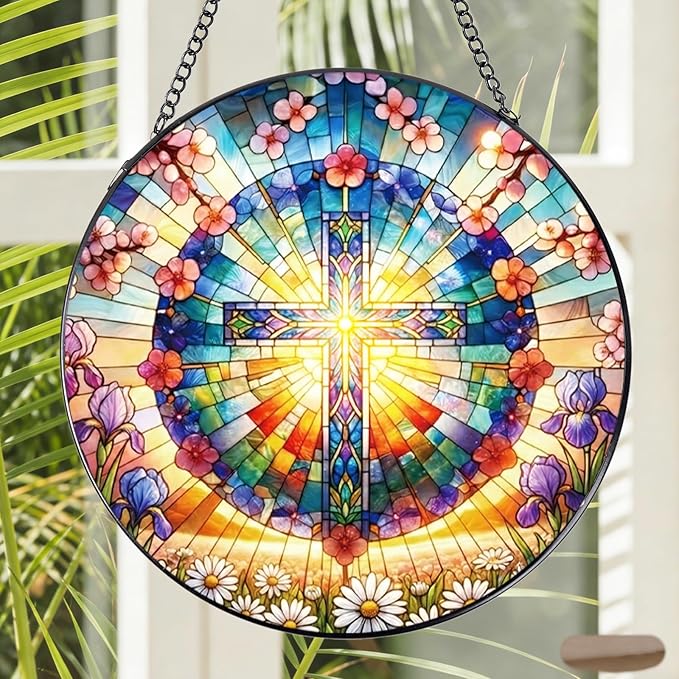 Rngmsi Stained Glass Window Hanging, 7.8″ Cross and Flower Sun Catchers with Hook Indoor Window Decor, Decorative Suncatchers Hanging Ornaments Home Garden Art Gift for Housewarming