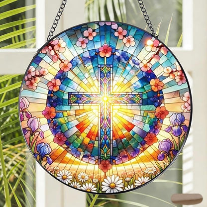 Rngmsi Stained Glass Window Hanging, 7.8″ Cross and Flower Sun Catchers with Hook Indoor Window Decor, Decorative Suncatchers Hanging Ornaments Home Garden Art Gift for Housewarming
