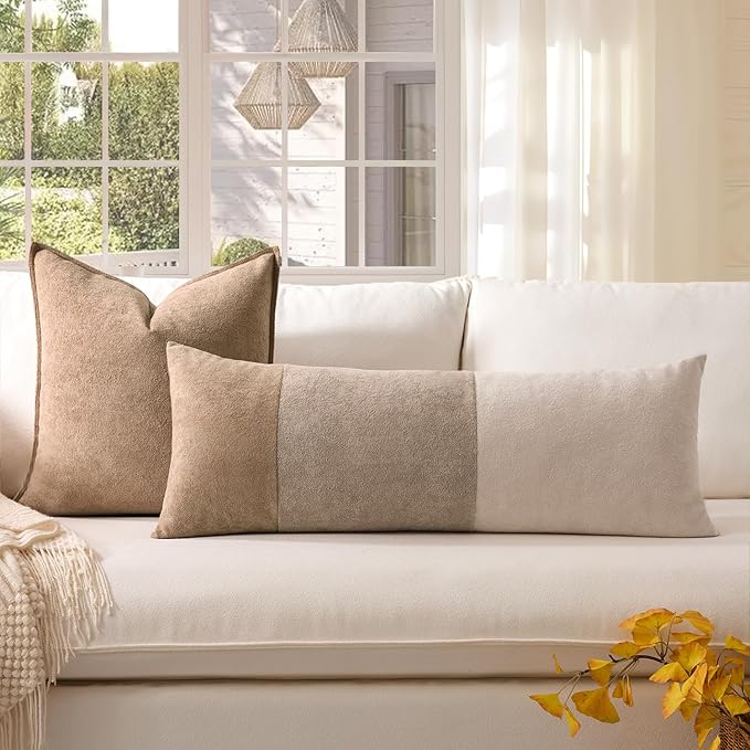 Kevin Textile 14x36 Inch Long Lumbar Cover 1 Pack Three-Colour Patchwork Soft Textured Waterproof Rectangle Cushion Elegant Accent Pillows for Couch Sofa Chair Bed Home Decor Indoor Outdoor Brown