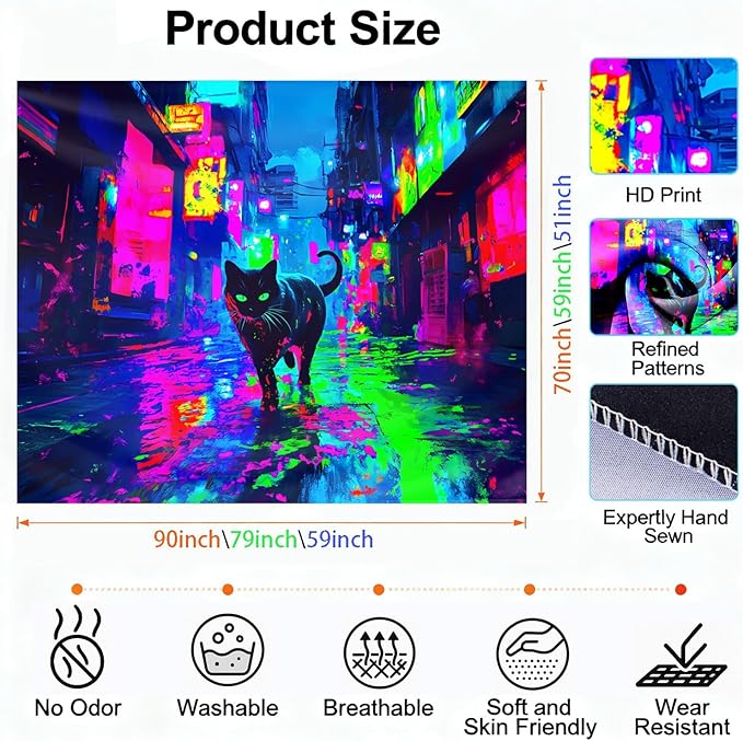 seewan Black Light Reactive Cat Tapestry, Neon Futuristic Urban Street Art, UV-Reactive Cat Tapestry, Sci-Fi Black Cat Wall Decor, Bedroom Dorm Living Room Background Decor