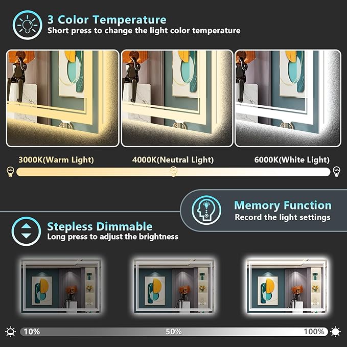 48x30 LED Bathroom Mirror with Lights, Backlit + Front Lit, Anti-Fog Lighted Vanity Mirror for Bathroom Wall with 3 Colors, Dimmable, Memory, Shatter-Proof Tempered Glass, Horizontal/Vertical