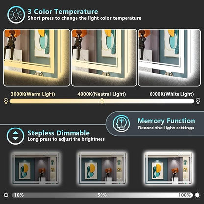 48x32 LED Bathroom Mirror with Lights, Backlit & Front Lit, Anti-Fog Frameless Lighted Vanity Mirrors for Bathroom Wall, Dimmable, 3-Color Light, Memory, Shatter-Proof, Tempered Glass, CRI＞90