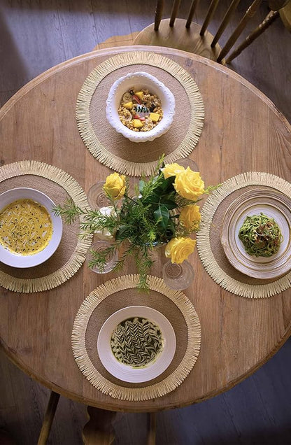 FunWheat 15 Inch Round Jute Placemats Set of 12, Braided Burlap Table Mats for Dining Table, Heat Resistant Farmhouse Woven Placemats for Fall Farmhouse Decor (Coarse-Edged Sunflower)