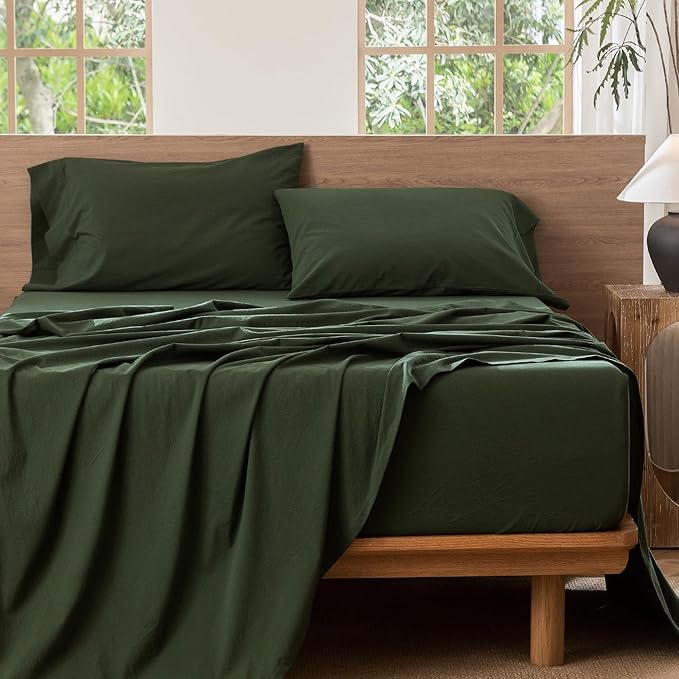 MooMee Bedding Sheet Set 100% Washed Cotton Linen Like Textured Breathable Durable Soft Comfy (Solid Forest Green, King)