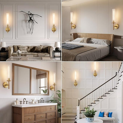 19.5" Knurled Brass Wall Sconce with Clear Glass Tube, Gold Bathroom Vanity Light Fixtures, Modern Lamp Lighting for Bedroom, Living Room, Hallway, Staircase, Mirror, Kitchen