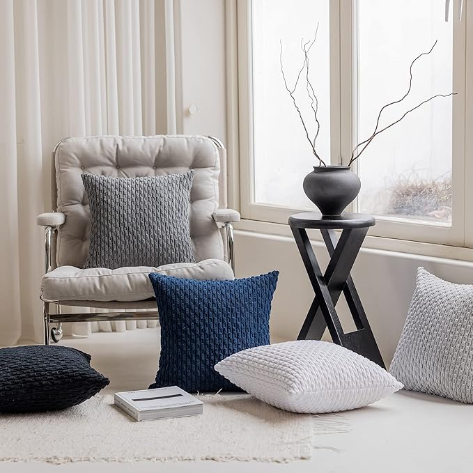Kevin Textile Set of 2 Decorative Pillow Cover Solid Striped Corduroy Plush Velvet Cushion Cover for Couch Machine Washable Pillowcase 50cm 20 x 20 Inch Pure White