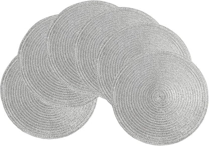 SHACOS Christmas Silver Glitter Round Placemats Set of 6 Sparkle Bling Place Mats Glitz Table Mats for Holiday Home Party Wedding Festive Table Decoration (6, Silver)