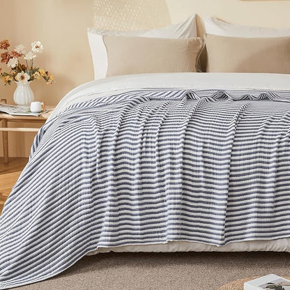 EMME Cotton Muslin Twin Blanket Breathable Gauze Soft Lightweight Adults Gifts for Women (Striped Navy, 60"x80")