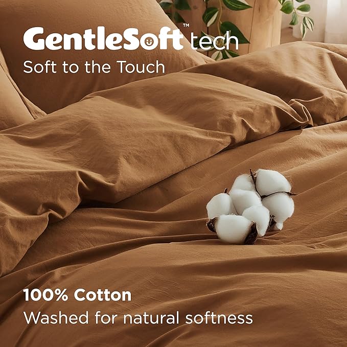 Bedsure 100% Washed Cotton Duvet Cover Queen Size - Hazelnut Brown Minimalist Cotton Duvet Cover Linen Like Breathable - GentleSoft™ Plain Simple Bedding (Hazelnut Brown, Queen, 90"x90")
