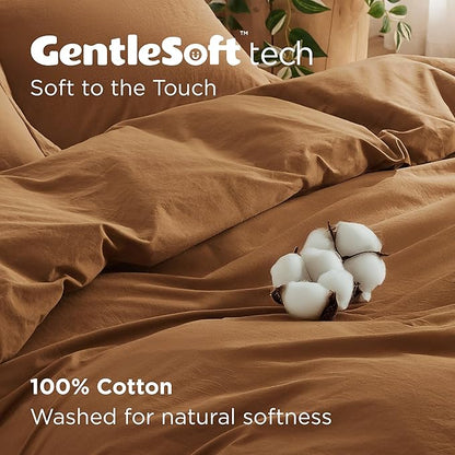 Bedsure 100% Washed Cotton Duvet Cover Queen Size - Hazelnut Brown Minimalist Cotton Duvet Cover Linen Like Breathable - GentleSoft™ Plain Simple Bedding (Hazelnut Brown, Queen, 90"x90")