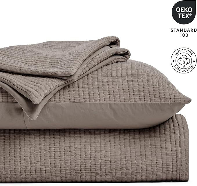 EVERGRACEHOME Cotton Gauze Full Queen Bedspread, Ultra Soft Prewashed Pick Stitch Matelassé Coverlet, Lightweight Textured Oversized Queen Quilt Bedding Set for All Season, w/ 2 Shams, Mocha Brown