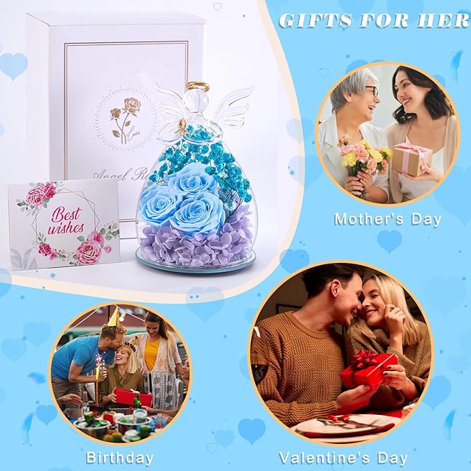 Beferr Valentines Day Rose Gifts for Her Women Mom Gifts for Birthday, Fresh Flowers for Delivery Prime Forever Preserved Rose in Glass Angel Figurine, for Grandma Wife Kids Daughter