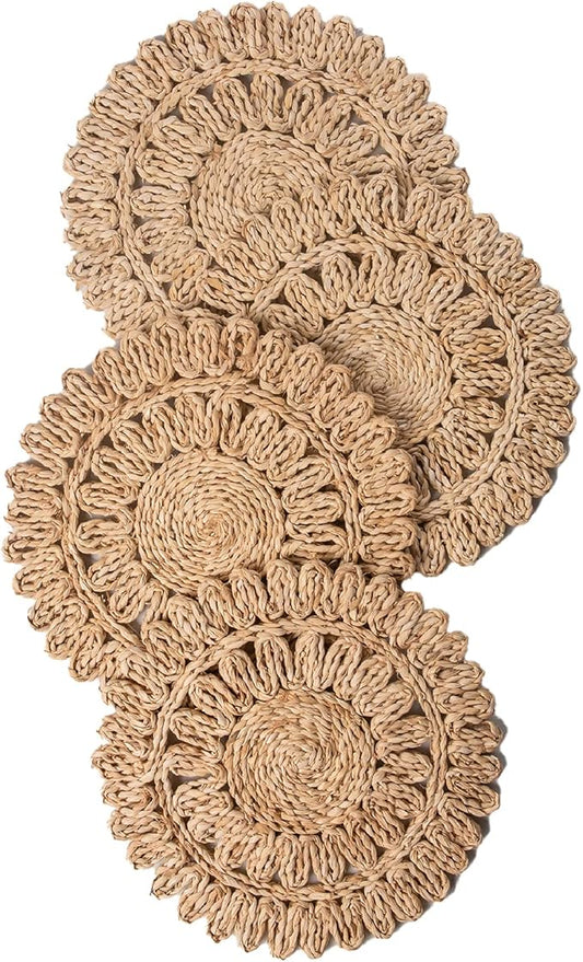 13.8" Round Corn Husk Placemats Set of 4 | Boho Rattan Woven Table Mats | Farmhouse Spring Plate Chargers Like Water Hyacinth, Seagrass for Wedding, Party, Christmas, Events