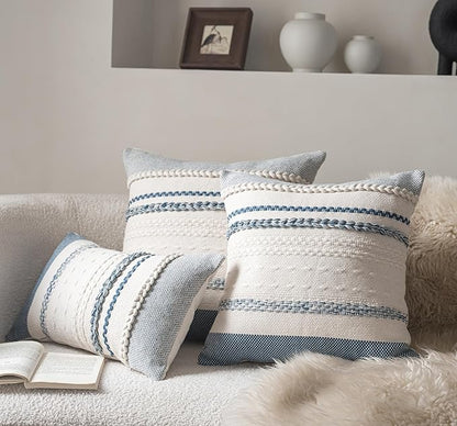 Boho Throw Pillow Covers 18x18 Inch Set of 2, Blue Textured Decorative Couch Pillow Cases for Farmhouse Home Decor, Accent Cushion Cover for Sofa, Bed, Living Room, Bedroom