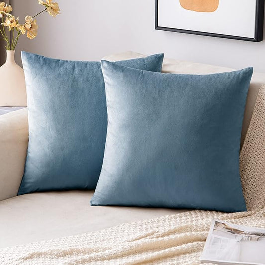 EMEMA Pack of 2 Velvet Throw Pillow Covers Decorative Square Pillowcase Soft Solid Cushion Case for Sofa Bedroom Chair Car 20x20 Inch Light Blue