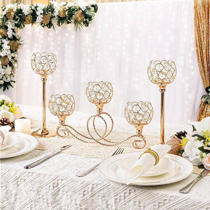 Gold Set of 6 Metal Crystal Tea Light Candle Holder, Elegant Wedding Table Centerpiece Candle Holder, Christmas Wishing Crystal Bowl Candle Holder Suitable for Wedding Party Living Room Decoration
