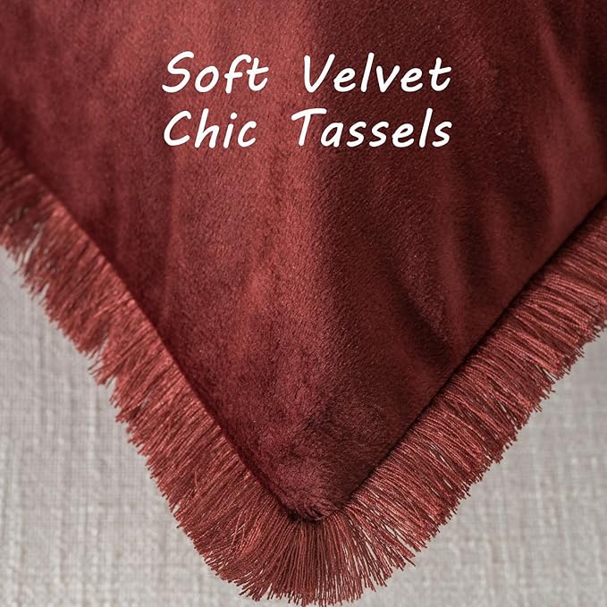 FUTEI Burgundy Velvet Decorative Throw Pillow Covers 18x18 Set of 2,Soft Cozy Edge with Tassels Cushion Case,Boho Modern Home Decor for Couch Bed Living Room