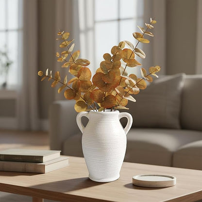 Sunddo White Ceramic Vase for Home Decor, 8 inch Farmhouse Flower Vase with 2 Handles, Rustic Boho Pottery for Room Decor Aesthetic, Bathroom Table Fireplace Decorative