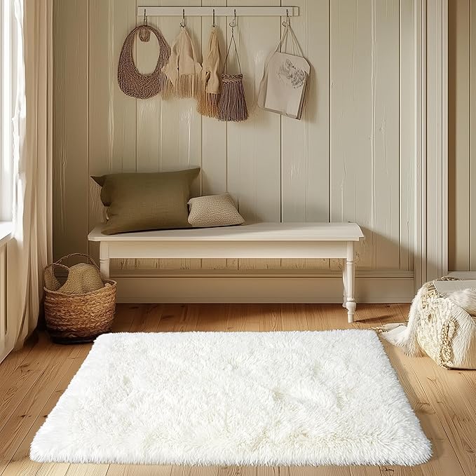 Small Rugs for Bedroom, 2x3 Soft Fluffy Fuzzy Area Rug, Non Slip Shag Rugs for Living Room Dorm Girls Boys, Kids Carpet Modern Home Decor Aesthetic, Cream White