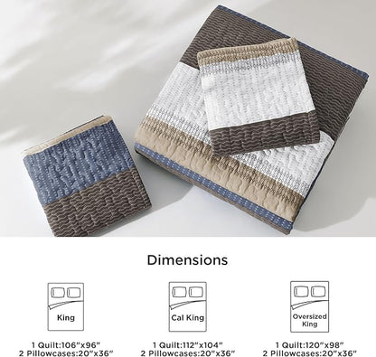 Litanika Quilt King Size BluC, Stripe Patchwork Summer Bedspread Coverlet 3 Pieces, Soft Lightweight Microfiber Quilted Bedding Set for All Season(1 Quilt, 2 Pillowcases)