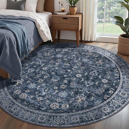Tangsoo Vintage Round Rug 4ft Washable Circle Rug, Non Slip Small Boho Blue Round Rug, Low Pile Floral Circular Rugs, Machine Washable Round Carpet for Bedroom,Entryway,Nursery,Dorm,Kitchen,Office