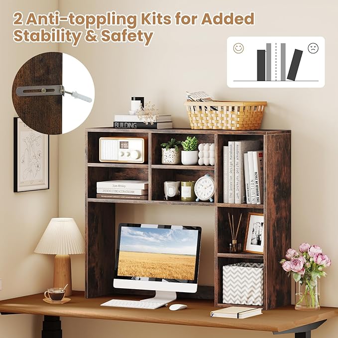 Desk Hutch, Desktop Organizer with 7 Cubes & 3 Adjustable Shelves, 3 Tier Wooden Display Rack, 37” Counter Top Bookshelf for Dorm, College, Home Office, Hutch Top Only
