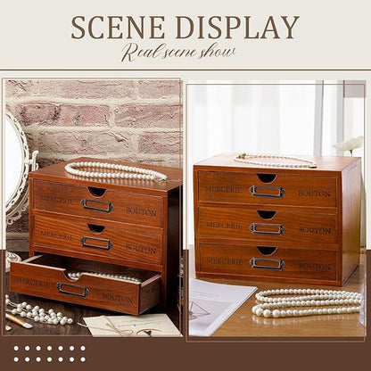 Wesiti 3 Drawer Apothecary Cabinet - Vintage Wooden Desk Organizer - Library Card Catalog Wood Storage Box - Office Desktop Dresser for Stationery, Thread Embroidery, Sewing, Crafts, Junk & Supplies